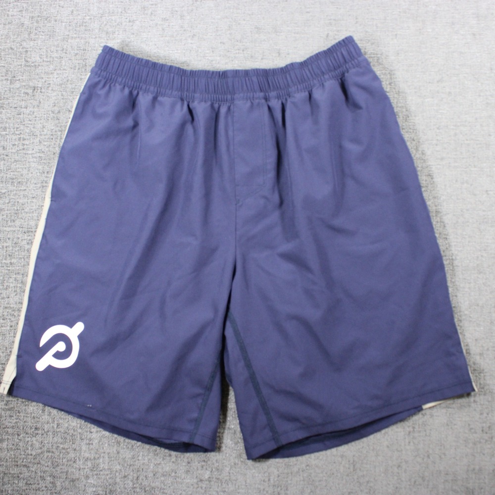 Peloton Mens L Athletic Shorts Navy Blue Grey Side Stripe Lined Zipper Pocket